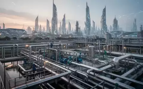 Modernes Wasserwerk mit komplexen Rohren und Maschinen vor einem Hightech-Industriecluster bei Sonnenaufgang. - Foto: über boerse-global.de