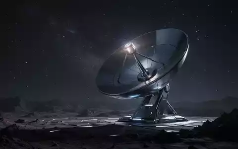 Eine einzelne, moderne Satellitenschüssel unter einem sternenklaren Nachthimmel auf einer kargen, futuristischen Landschaft. - Foto: über boerse-global.de