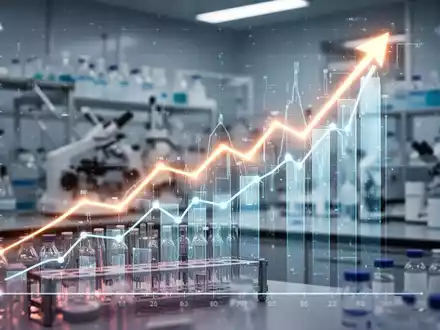 Ein stilisierter Finanzgraph, der einen Aufwärtstrend zeigt, überlagert ein verschwommenes pharmazeutisches Labor. - Foto: über boerse-global.de