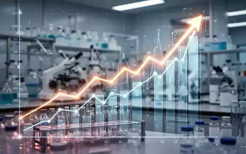 Ein stilisierter Finanzgraph, der einen Aufwärtstrend zeigt, überlagert ein verschwommenes pharmazeutisches Labor. - Foto: über boerse-global.de