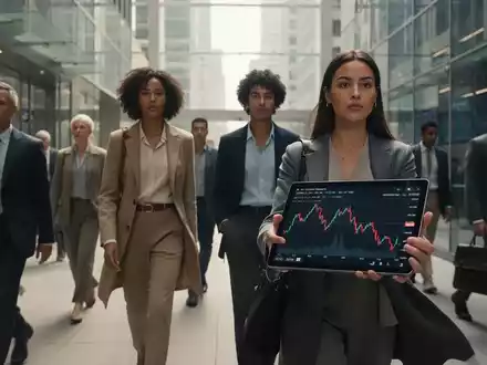 Eine Gruppe stilvoll gekleideter Menschen geht durch ein modernes Finanzviertel; eine Person hält ein Tablet mit einem Börsenchart. - Foto: über boerse-global.de