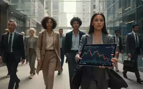 Eine Gruppe stilvoll gekleideter Menschen geht durch ein modernes Finanzviertel; eine Person hält ein Tablet mit einem Börsenchart. - Foto: über boerse-global.de