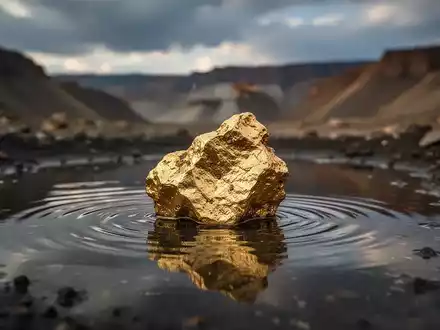 Ein glänzender Goldnugget, teilweise in dunklem Wasser, mit Andeutung einer Bergbaulandschaft im Hintergrund. - Foto: über boerse-global.de