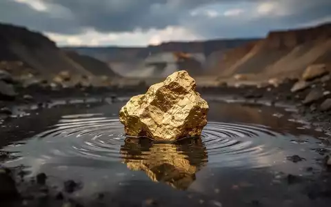 Ein glänzender Goldnugget, teilweise in dunklem Wasser, mit Andeutung einer Bergbaulandschaft im Hintergrund. - Foto: über boerse-global.de