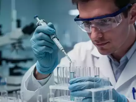 Ein Wissenschaftler in einem Labor pipettiert Flüssigkeit in ein Reagenzglas, im Hintergrund verschwommene Laborgeräte. - Foto: über boerse-global.de