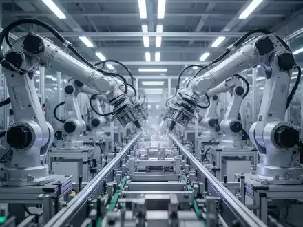 Robotic arms working on a production line in a modern, automated factory, symbolizing no-code robotics and autonomous factories. - Foto: über boerse-global.de
