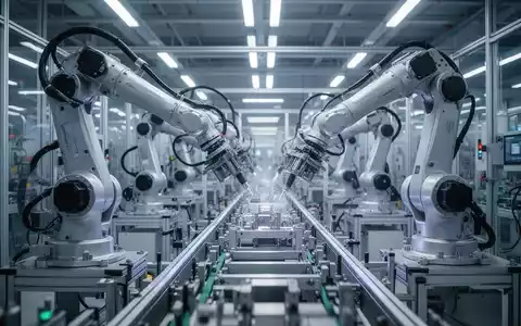 Robotic arms working on a production line in a modern, automated factory, symbolizing no-code robotics and autonomous factories. - Foto: über boerse-global.de