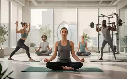 Eine Gruppe von Menschen praktiziert verschiedene Übungen zur mentalen und körperlichen Gesundheit, darunter Yoga und Krafttraining. - Foto: über boerse-global.de