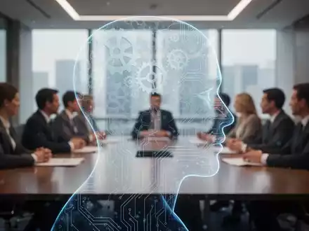 Eine stilisierte, transparente Silhouette eines menschlichen Kopfes mit Zahnrädern und Leiterplatten, überlagert auf einen Konferenzraum. - Foto: über boerse-global.de
