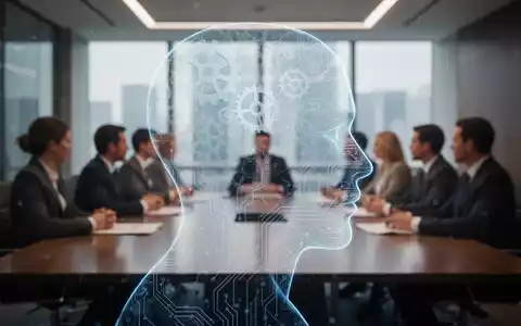 Eine stilisierte, transparente Silhouette eines menschlichen Kopfes mit Zahnrädern und Leiterplatten, überlagert auf einen Konferenzraum. - Foto: über boerse-global.de