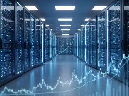 A futuristic data center with glowing blue server racks and an abstract financial graph, symbolizing AI's market debut. - Foto: über boerse-global.de