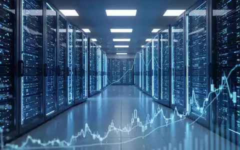 A futuristic data center with glowing blue server racks and an abstract financial graph, symbolizing AI's market debut. - Foto: über boerse-global.de