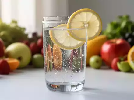 Ein Glas Sprudelwasser mit Zitrone, umgeben von verschwommenem Obst und Gemüse, symbolisiert eine zuckerfreie Ernährung und Krankheitsprävention. - Foto: über boerse-global.de