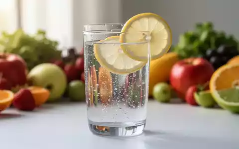 Ein Glas Sprudelwasser mit Zitrone, umgeben von verschwommenem Obst und Gemüse, symbolisiert eine zuckerfreie Ernährung und Krankheitsprävention. - Foto: über boerse-global.de