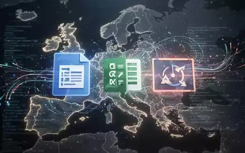 Digital icons for documents, spreadsheets, and presentations interwoven with code and data, over a faint map of Europe. - Foto: über boerse-global.de