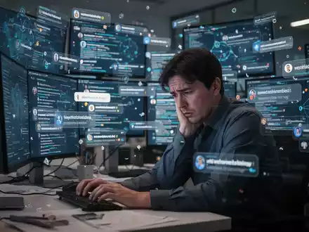 Eine gestresste Person sitzt vor mehreren Computerbildschirmen, die von einer Flut digitaler Informationen und Benachrichtigungen überflutet werden. - Foto: über boerse-global.de