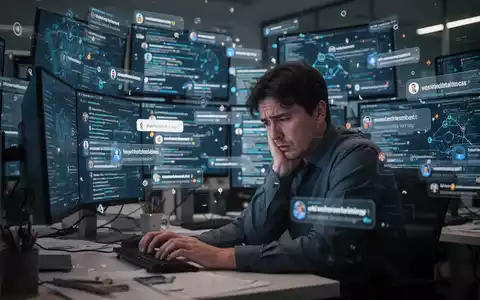 Eine gestresste Person sitzt vor mehreren Computerbildschirmen, die von einer Flut digitaler Informationen und Benachrichtigungen überflutet werden. - Foto: über boerse-global.de