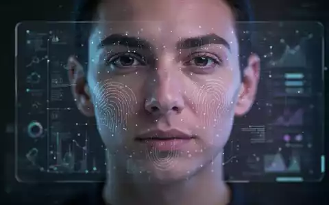 Ein verschwommenes Gesicht hinter einer digitalen Schnittstelle mit abstrakten Datenpunkten, die Datenschutzbedenken bei Smart-Fitnessgeräten symbolisieren. - Foto: über boerse-global.de