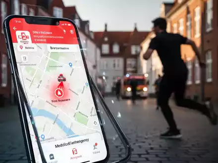 A smartphone displaying a 'Saving Life' app with a map and an emergency alert, symbolizing digital emergency response. - Foto: über boerse-global.de