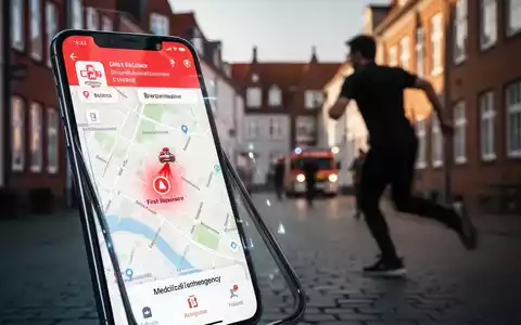 A smartphone displaying a 'Saving Life' app with a map and an emergency alert, symbolizing digital emergency response. - Foto: über boerse-global.de