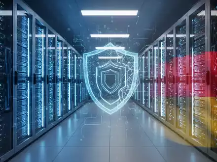 Ein futuristisches Rechenzentrum mit leuchtenden Server-Racks und einer abstrakten, sicheren KI-Schnittstelle, die nationale Technologieverteidigung symbolisiert. - Foto: über boerse-global.de