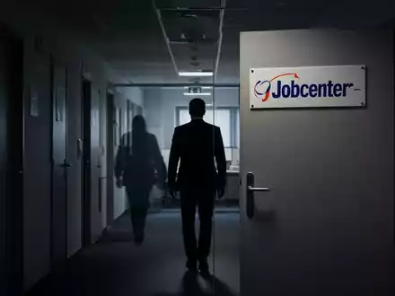 Eine Silhouette geht einen dunklen Büroflur entlang, weg von einer geschlossenen Tür mit einem „Jobcenter“-Schild. - Foto: über boerse-global.de