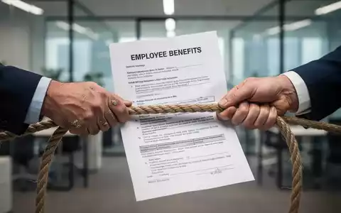Hände von Arbeitnehmer und Management, die symbolisch um ein Dokument mit Arbeitgeber-Benefits ringen, im Hintergrund ein unscharfes Büro. - Foto: über boerse-global.de
