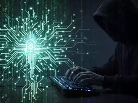 A stylized glowing neural network representing AI defense, overlaid with binary code, against a shadowy figure typing, symbolizing cybercrime. - Foto: über boerse-global.de