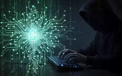 A stylized glowing neural network representing AI defense, overlaid with binary code, against a shadowy figure typing, symbolizing cybercrime. - Foto: über boerse-global.de