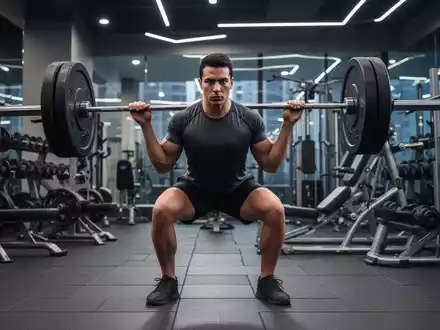 Eine Person führt eine Kniebeuge mit einer Langhantel in einem modernen Fitnessstudio aus, um Ganzkörpertraining und Fettabbau darzustellen. - Foto: über boerse-global.de