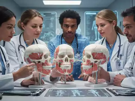 Eine Gruppe von Therapeuten, die gemeinsam anatomische Modelle des Schädels und Kiefers untersuchen und über digitale Überlagerungen sprechen. - Foto: über boerse-global.de