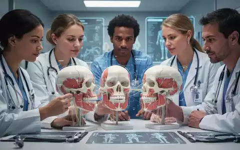 Eine Gruppe von Therapeuten, die gemeinsam anatomische Modelle des Schädels und Kiefers untersuchen und über digitale Überlagerungen sprechen. - Foto: über boerse-global.de