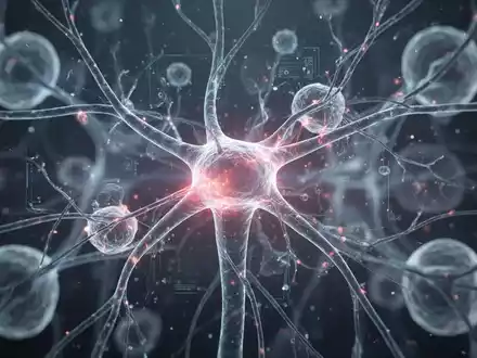 Ein abstraktes Bild, das ein leuchtendes neuronales Netz zeigt, das mit subtilen biologischen Strukturen verknüpft ist und medizinische Innovationen darstellt. - Foto: über boerse-global.de