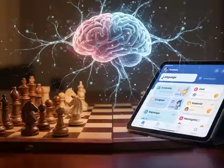 Ein Schachbrett mit Schachfiguren und ein Tablet mit einer Sprachlern-App, verbunden durch schwebende neuronale Pfade und ein Gehirnhologramm. - Foto: über boerse-global.de
