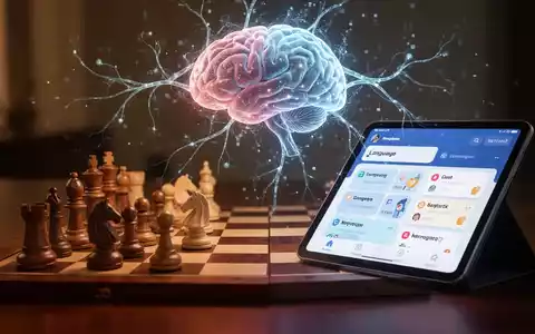 Ein Schachbrett mit Schachfiguren und ein Tablet mit einer Sprachlern-App, verbunden durch schwebende neuronale Pfade und ein Gehirnhologramm. - Foto: über boerse-global.de
