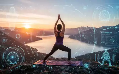 Eine Person macht Yoga auf einem Berg mit Blick auf einen See bei Sonnenaufgang, kombiniert mit einer digitalen Benutzeroberfläche. - Foto: über boerse-global.de