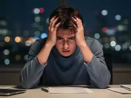 Eine junge Person mit dem Kopf in den Händen, die gestresst an einem Schreibtisch sitzt, mit verschwommenen Stadtlichtern im Hintergrund. - Foto: über boerse-global.de