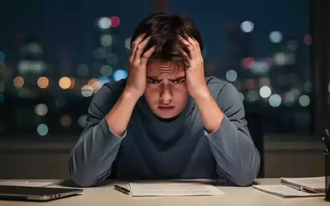 Eine junge Person mit dem Kopf in den Händen, die gestresst an einem Schreibtisch sitzt, mit verschwommenen Stadtlichtern im Hintergrund. - Foto: über boerse-global.de