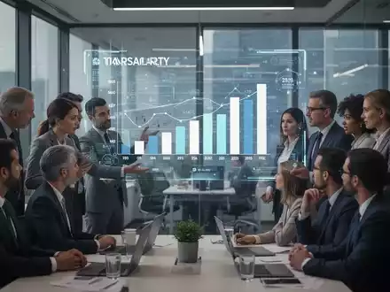 Eine vielfältige Gruppe von Geschäftsleuten in einem modernen Büro betrachtet einen Bildschirm mit Gehaltsdaten und Diagrammen. - Foto: über boerse-global.de