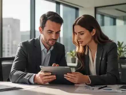Zwei Fachkräfte arbeiten gemeinsam an einem Tablet in einem modernen Büro, symbolisieren Job-Sharing und flexible Arbeitsmodelle. - Foto: über boerse-global.de