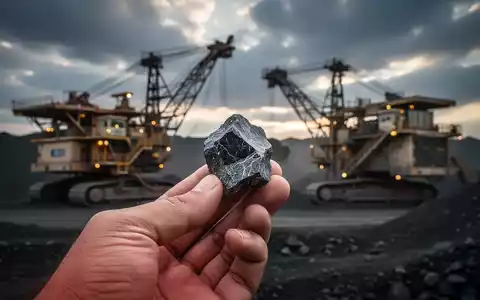 Eine Hand hält ein seltenes Erdmineral vor dem Hintergrund von Bergbauausrüstung unter einem dramatischen Himmel. - Foto: über boerse-global.de