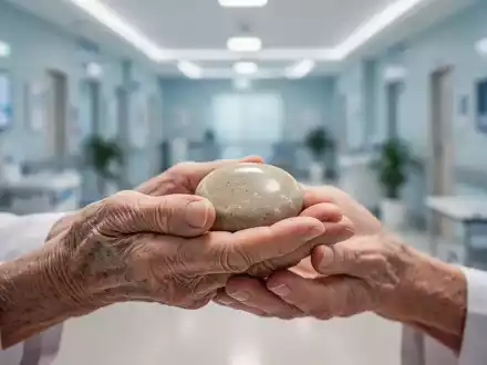 Ältere Hände halten einen glatten Stein, vor dem verschwommenen Hintergrund einer modernen medizinischen Einrichtung. - Foto: über boerse-global.de