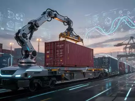 Ein fortschrittlicher Roboterarm platziert einen Versandcontainer auf einem autonomen Güterzug in einem futuristischen Logistikzentrum bei Sonnenuntergang. - Foto: über boerse-global.de