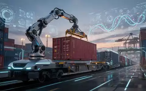 Ein fortschrittlicher Roboterarm platziert einen Versandcontainer auf einem autonomen Güterzug in einem futuristischen Logistikzentrum bei Sonnenuntergang. - Foto: über boerse-global.de