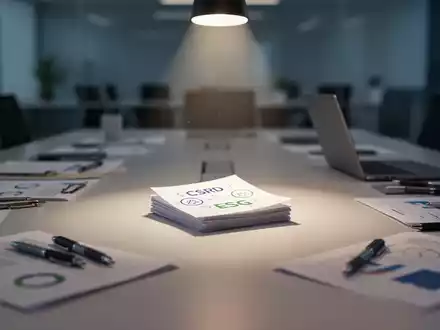 Ein Konferenztisch mit Dokumenten, Stiften und einem Laptop, beleuchtet von einem Scheinwerfer auf Papieren mit „CSRD“-Symbolen. - Foto: über boerse-global.de
