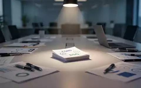Ein Konferenztisch mit Dokumenten, Stiften und einem Laptop, beleuchtet von einem Scheinwerfer auf Papieren mit „CSRD“-Symbolen. - Foto: über boerse-global.de