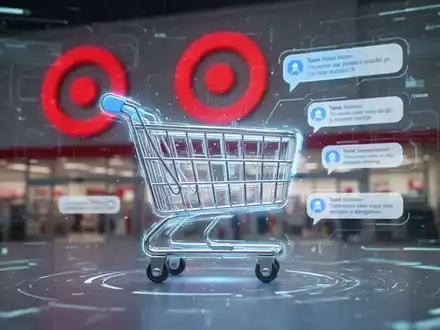A digital interface showing AI chat bubbles and a shopping cart icon, with a blurred Target logo in the background. - Foto: über boerse-global.de
