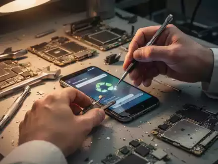 Hände reparieren ein Smartphone auf einer Werkbank, umgeben von Werkzeugen und elektronischen Bauteilen. Fokus auf Nachhaltigkeit und Kreislaufwirtschaft. - Foto: über boerse-global.de