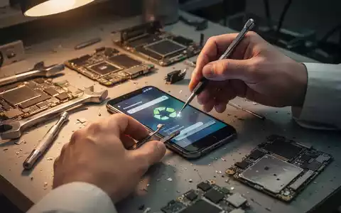 Hände reparieren ein Smartphone auf einer Werkbank, umgeben von Werkzeugen und elektronischen Bauteilen. Fokus auf Nachhaltigkeit und Kreislaufwirtschaft. - Foto: über boerse-global.de