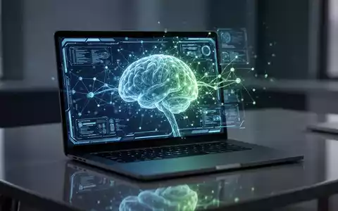 Eine futuristische, leuchtende KI-Visualisierung auf einem Laptop-Bildschirm, der auf einem modernen Schreibtisch steht. - Foto: über boerse-global.de